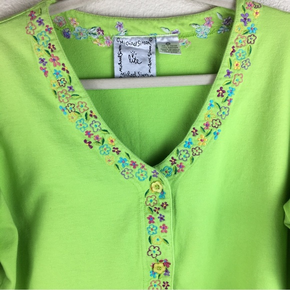 Michael Simon Lite Women's Bright Green Floral Button Front Cardigan Top Size M - Picture 10 of 15